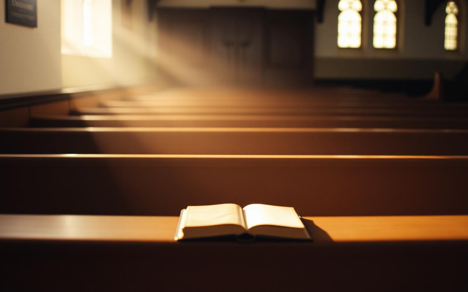 Morning light falling across a wooden church pew with an open book